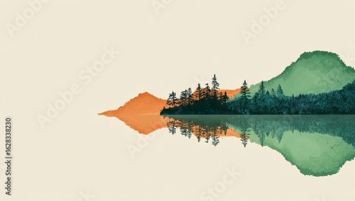 Fototapeta Naklejka Na Ścianę i Meble -  Peaceful lake scene with mirrored reflections of a forested shoreline