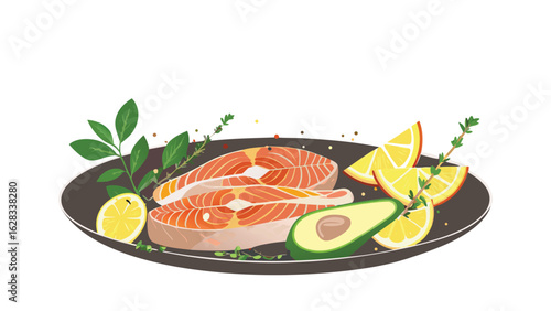 Salmon steaks with avocado and lemon slices arranged on a dark plate with herb garnish