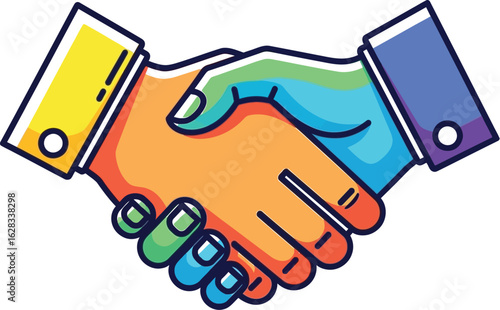 Illustration of a colorful handshake with yellow and blue suit sleeves