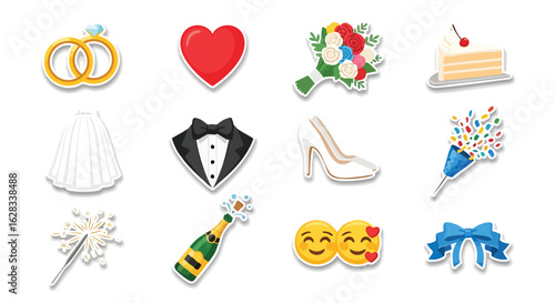 A collection of colorful wedding-themed vector graphics featuring rings, a heart, a bouquet, cake, a skirt, tuxedo, shoes, confetti, a sparkler, champagne, emojis, and a bow, perfect for celebrations.