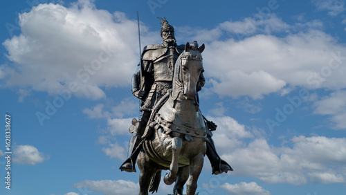 Large statue of the warrior Skanderbeg riding a horse in downtown Tirana, Albania