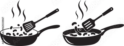 Two pots cooking with spatulas silhouette