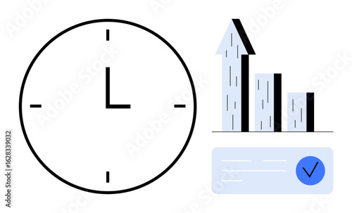 Large clock next to ascending bar chart and completed checklist with tick icon. Ideal for productivity, time tracking, progress, goal setting, workplace efficiency, project planning, simple landing