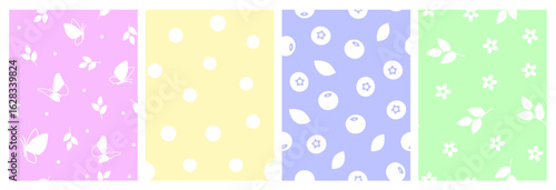 Floral seamless patterns set, collection. White silhouettes of flowers, berries, leaves, butterfly on a color background. Seamless patterns under clipping mask, convenient for editing.