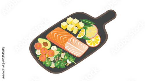 Illustration of salmon fillet with avocado, citrus fruits, and greens on a black serving board