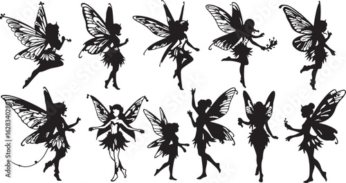 Group of Ten Black Silhouette Fairy Illustrations with Detailed Wings fairies