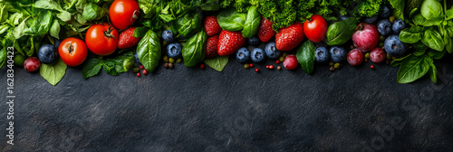 Panel kuchenny z motywem Vibrant assortment of fresh organic fruits and green leafy vegetables artfully arranged on a dark slate background, showcasing healthy eating ingredients from above
