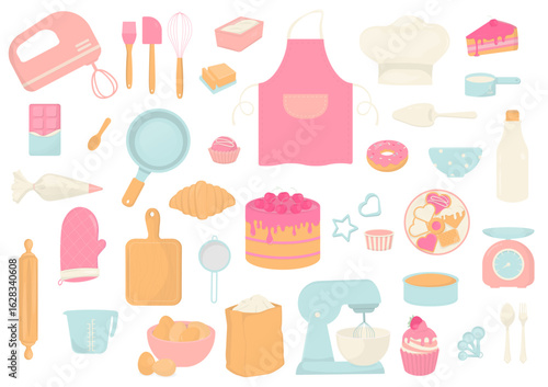 Pastel baking utensils and bakery background