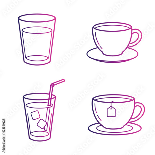 Hand drawn drinks beverages including tea and cold water with creative outline design elements