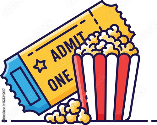 Illustration of a movie ticket with popcorn in a red and white container