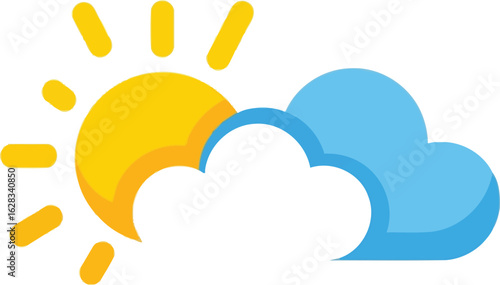 A cartoon depiction of a sun partially obscured by a cloud on a white background