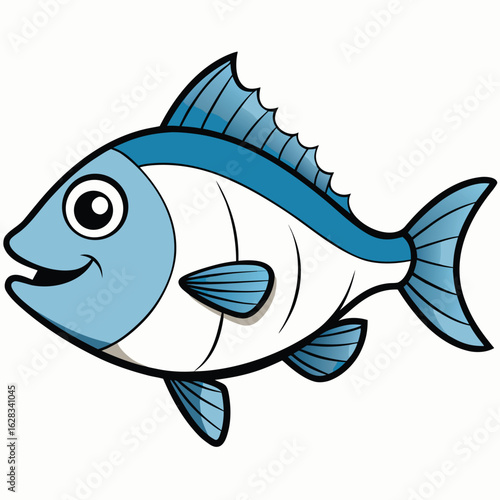 A cartoon fish featuring vibrant blue and white stripes swimming against a simple background