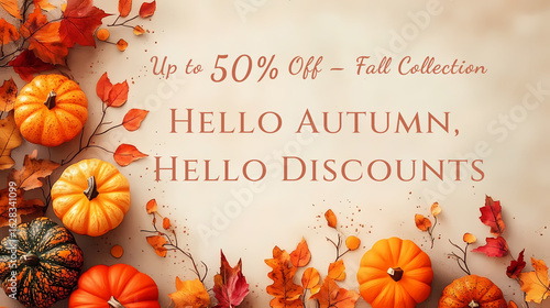 Magical beige background with fall leaves and pumpkins.Autumn sale banner.Thanksgiving theme.Sunbeams,nostalgic warmth,and tranquil colours reflect signs of seasons,diversity,and calm away from issues