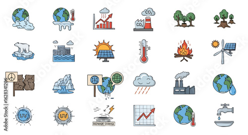 A colorful icon set illustrating various aspects of climate change, global warming, environmental issues, and renewable energy sources, ideal for educational resources.