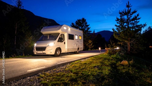 White campervan on a road at twilight