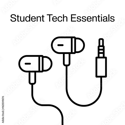 Student Tech Essentials Earphones Black Outline Illustration on White Background Perfect for Back to School Promotions and Gadget Guides