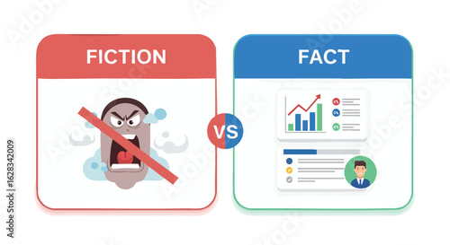 Conceptual illustration comparing 'Fiction' and 'Fact' with opposing visual representations, featuring an angry face crossed out versus a business chart with a profile icon.