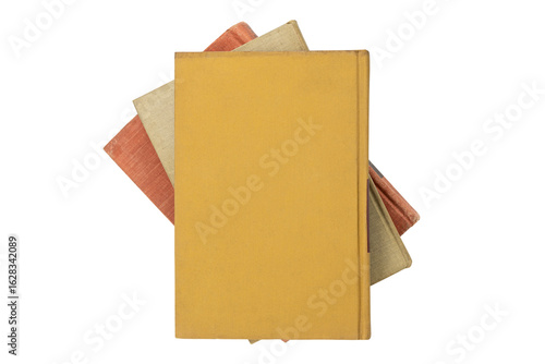 Top view of old vintage books fanned out. Antique book cover background or texture. isolated on white background with clipping path.