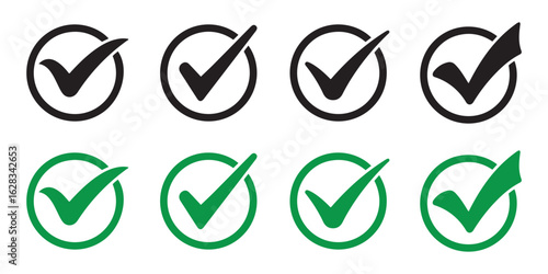 Set of Black and Green Circular Check Mark Icons. for UI and Web Design.