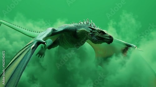 A green dragon with spikes flying through a green smoky mist in a studio setting close up view green screen animal video