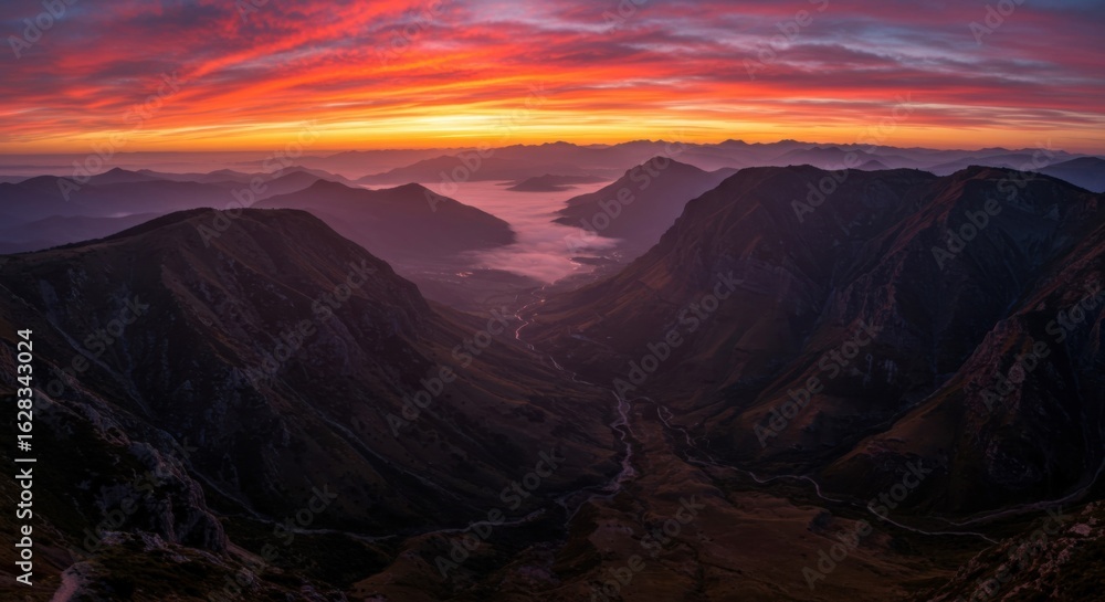 Naklejka premium Peaceful mountain landscape bathed in warm sunrise glow
