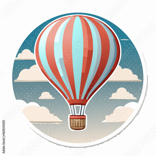 Red and Blue Striped Hot Air Balloon Ascending Above Clouds