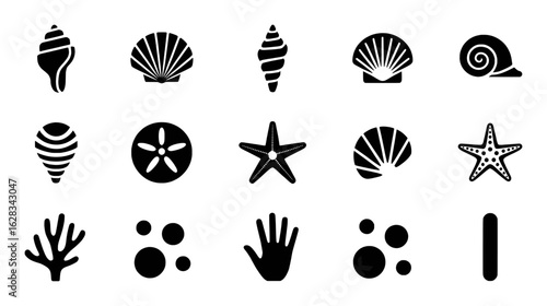Black marine life symbols and shapes vector