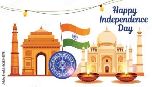  India Independence Day Poster Featuring Taj Mahal, India Gate, National Flag, Diyas, String Lights, and Ashoka Chakra Elements