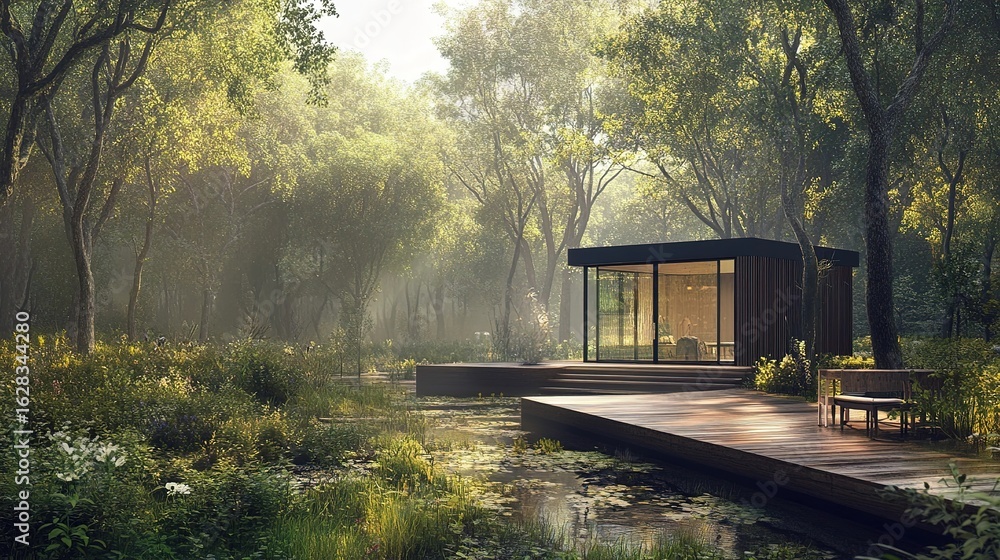 Fototapeta premium Tranquil modern cabin nestled in a misty forest