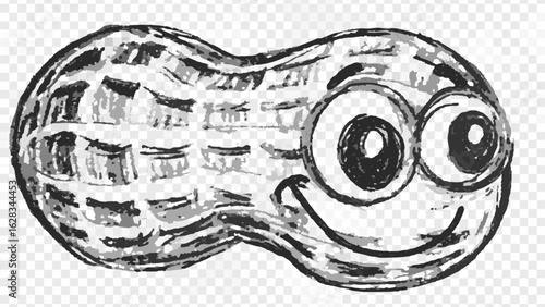 A whimsical peanut character with large eyes and a cheerful smile in a grayscale drawing style design