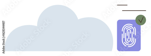Large cloud with a purple fingerprint scan and green approval checkmark. Ideal for cybersecurity, cloud storage, data privacy, biometrics, authentication, digital identity, simple flat metaphor