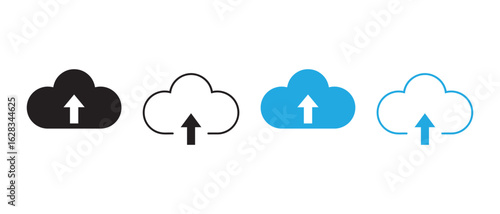 Cloud Upload Icons. Solid and Outlined Variants in Black and Blue for Data Storage Interfaces.