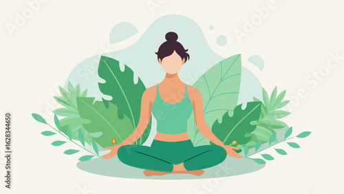 Minimalist Vector Illustration of a Woman Meditating in Lotus Pose with Tropical Leaves