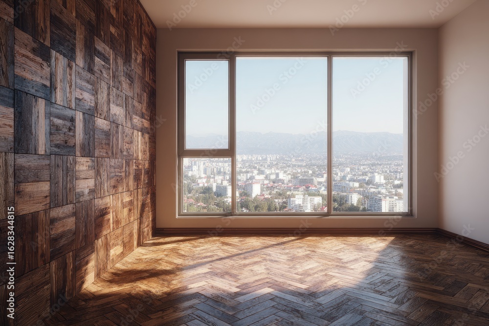 Fototapeta premium Empty room with large window, panoramic city view, and wooden wall