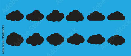 Flat Cloud Silhouette Icon Set. Black Variants on Blue for Weather, UI, and Editorial Design.
