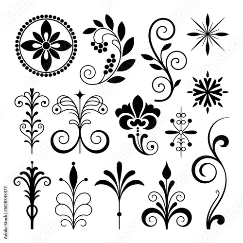 Black ornamental flourishes and floral motifs vector