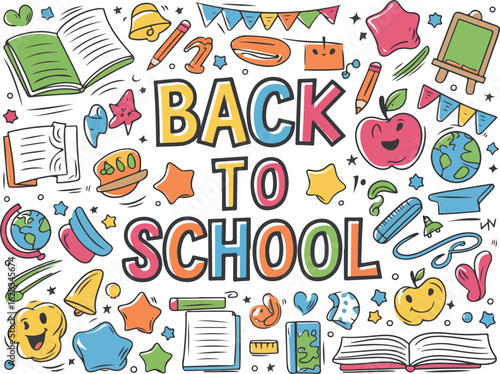 Colorful Back to School Vector Illustration with School Supplies, Books, Chalkboard, Bell, Pencils, Ruler, Globe, and Educational Elements. Perfect for School, Learning, and Classroom Designs