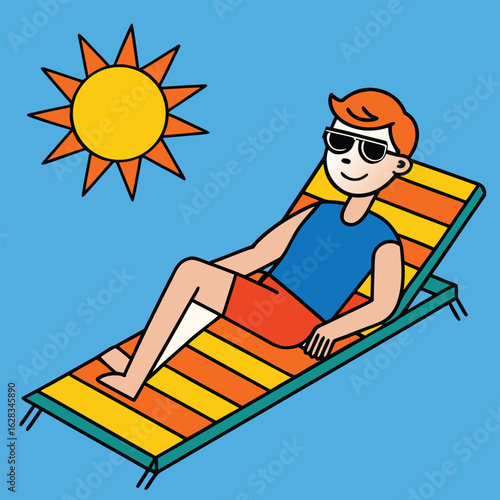  A man relaxing on a sandy beach, basking in the sunlight with the ocean waves nearby