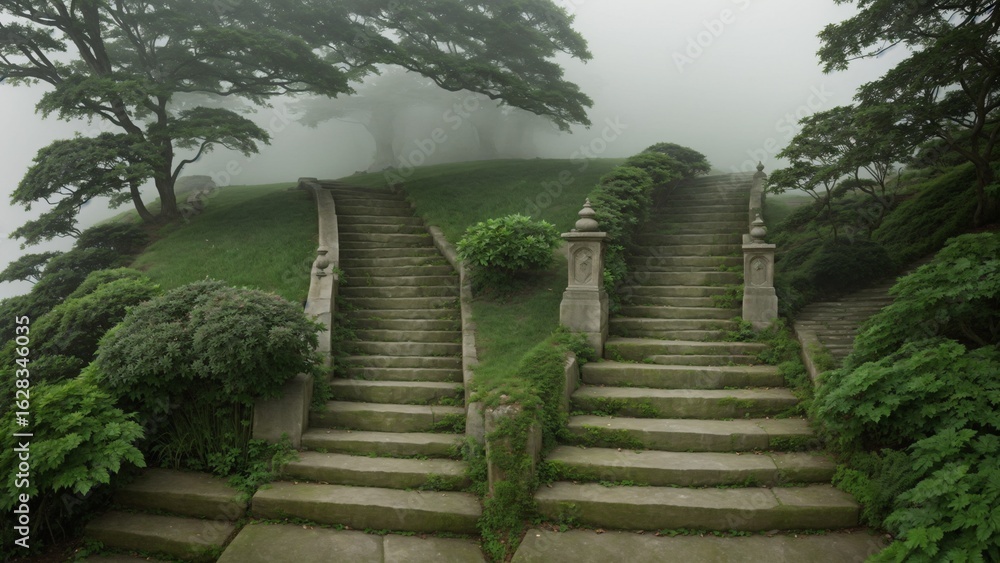 Stone Steps with Lush Garden in Fog Stone Steps with Lush Garden in Fog