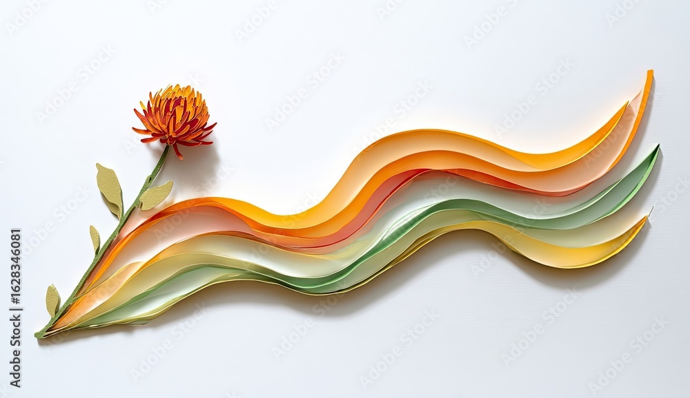 Naklejka premium Paper flower and flowing ribbons