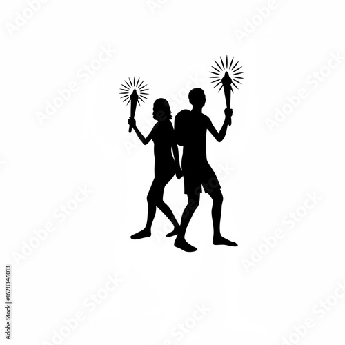 Couple exploring a dark cave illuminated by torches or flashlights