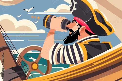 Cartoon pirate captain with a beard looking through a spyglass while steering a ship, seagulls flying in the sky. Colorful vector illustration, nautical adventure, sea voyage concept.