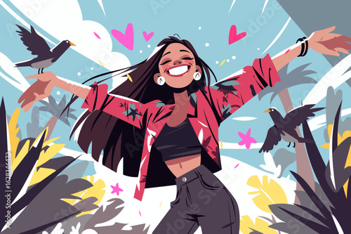 Happy young woman with long hair smiling, arms open, surrounded by birds and hearts, in a colorful cartoon style. Positive emotions, freedom, and joy in nature vector illustration.