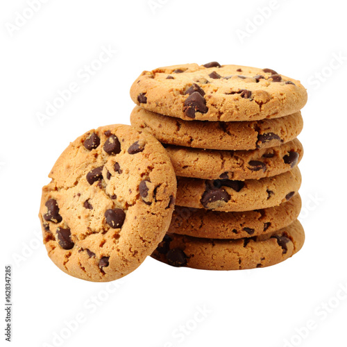 A stack of delicious chocolate chip cookies, showcasing a golden-brown color and rich texture, inviting a delightful treat.