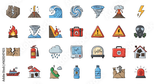 A collection of colorful, hand-drawn disaster and emergency icons, including earthquakes, fires, floods, tornadoes, and medical supplies, suitable for educational and informational purposes.
