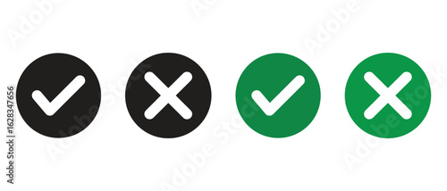 Check and X Mark Icons. Black and Green Circular Variants for UI Confirmation and Rejection.