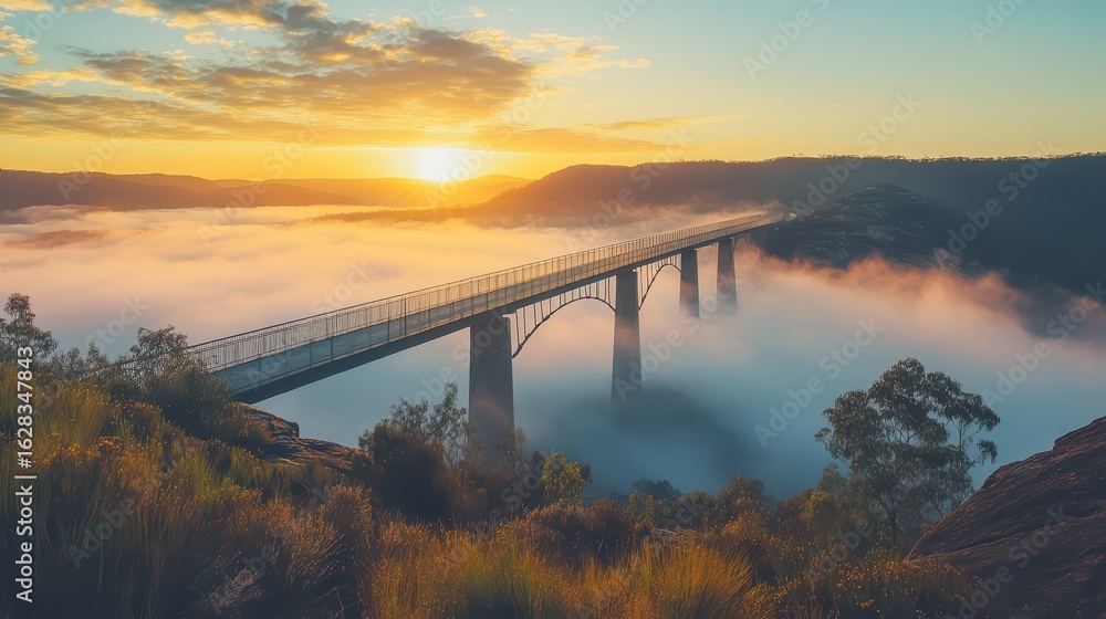Fototapeta premium Bridge spans a river with a beautiful sunset in the background