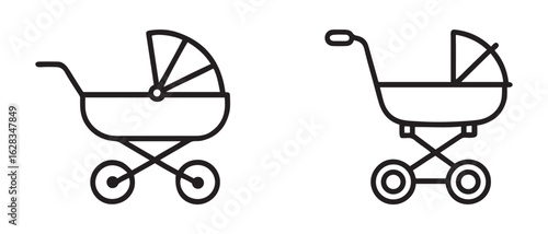 Minimalist Baby Stroller Icons. Line Art Designs with Distinct Wheel and Handlebar Styles.