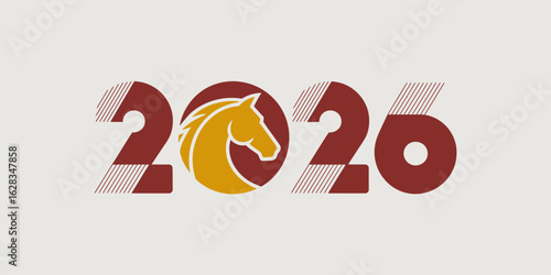 Modern graphic logo design featuring the year 2026 with a bold red and yellow horse silhouette integrated in the zero, symbolizing strength, speed, and the Year of the Horse in a clean contemporary.