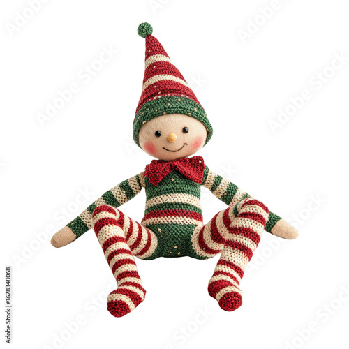 Striped Christmas elf doll in red and green knit on transparent background